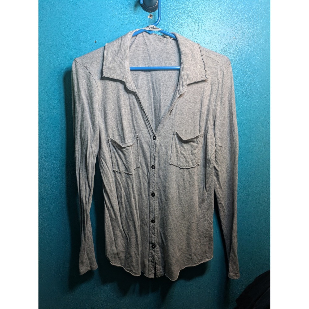 Michael Stars Heather Gray Long Sleeve Button Down Knit Top OS Chest Pockets